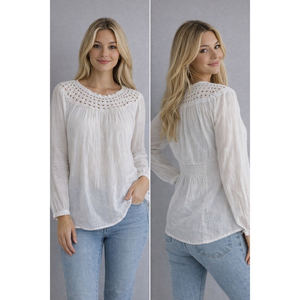 Artisan NY Womens‎ Blouse Large White Crochet Boho Peasant Top Cottagecore